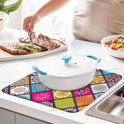 Boho Drying Mat 16" X 18" Abstract Plaid Kitchen Counter Stone Large Dish Drying Mats For Kitchen Colorful Drying Mats For Home Counter Flower Drying Mats For Dishes Dish Table Mat Drying Kitchen Mat - Image 7