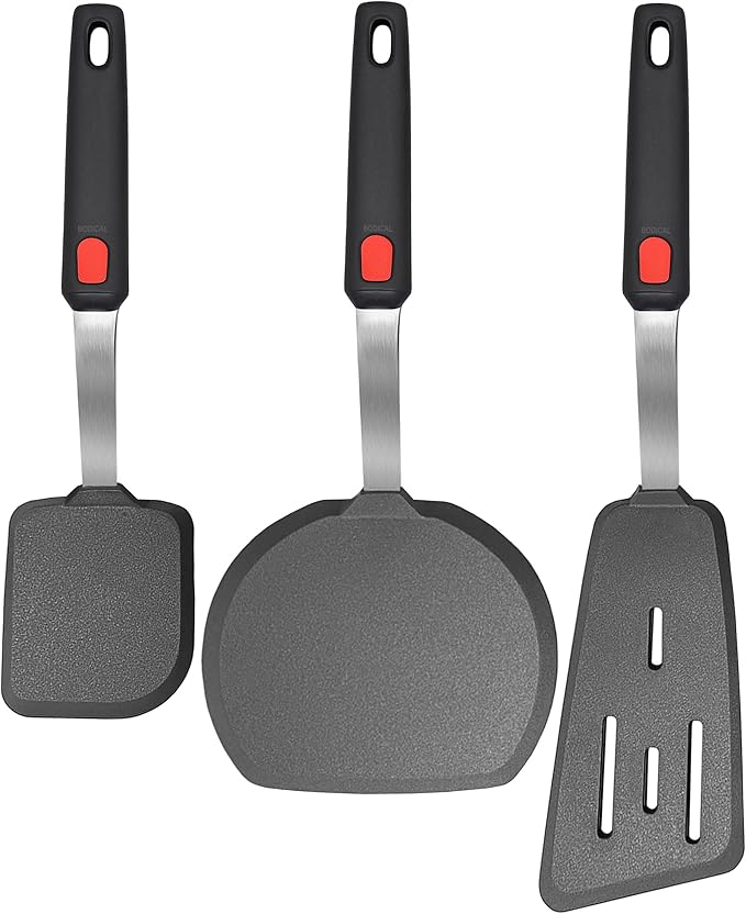 Set of 3, Silicone Spatula Turner,600°F Heat Resistant Cooking Spatulas for Nonstick Cookware, Large Kitchen Utensils BPA Free Rubber Spatula Set for Egg, Pancake, Fish, Burger by BodiCal