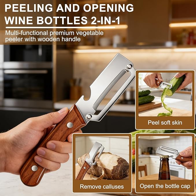 2Pcs Multi-Functional Vegetable Peeler,Zero Snag Wooden Peeler,Zero Snag Wooden Kitchen Tool with Bottle Opener,Ultra-Sharp Stainless Steel Peelers for For Vegetables Fruits - Image 5