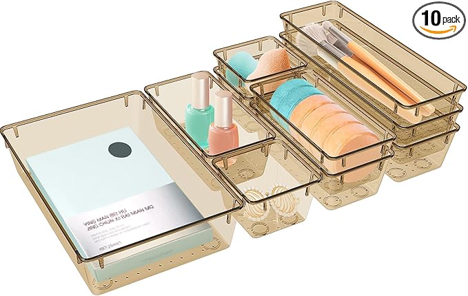 StorMiracle 10 PCS Drawer Organizer Set, 5 Varied Size Bathroom and kitchen Drawer cabinet organizer Trays, Clear Storage Bins for Makeup, Jewelry, Utensils and Gadgets, Champagne by StorMiracle