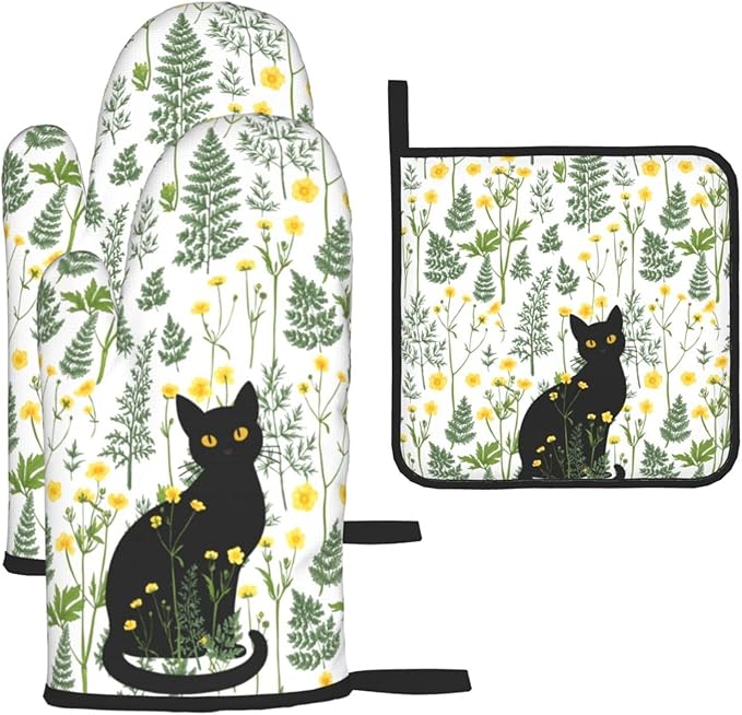 Black Cat Wildflower Hot Pads and Oven Mitts Set of 3, Spring Summer Plants Kitchen Decor Potholders and Oven Mitts, Baking and Cooking Gifts for Chef Baker, Black Cat Gifts for Women & Kitchen Decor