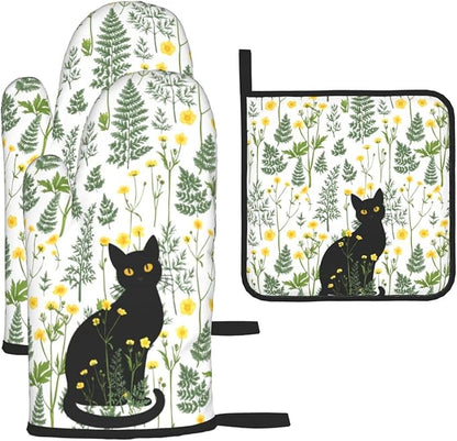 Black Cat Wildflower Hot Pads and Oven Mitts Set of 3, Spring Summer Plants Kitchen Decor Potholders and Oven Mitts, Baking and Cooking Gifts for Chef Baker, Black Cat Gifts for Women & Kitchen Decor