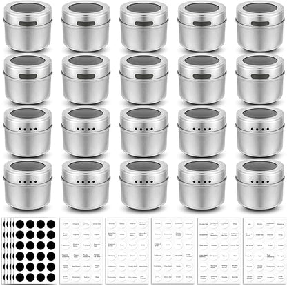 Bekith 20 Pack Magnetic Spice Jars, Magnetic Spice Containers for Refrigerator, Seasoning Tins with Clear Top Lid, 240 PVC Spice Label Set by Bekith