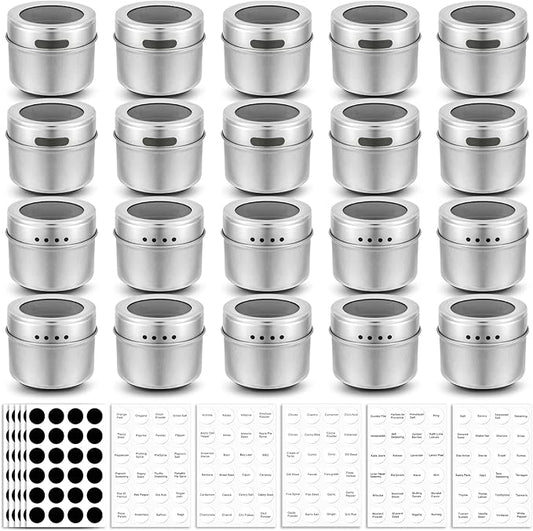 Bekith 20 Pack Magnetic Spice Jars, Magnetic Spice Containers for Refrigerator, Seasoning Tins with Clear Top Lid, 240 PVC Spice Label Set by Bekith
