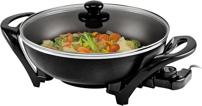 OVENTE Electric Wok with Nonstick Coating, 13 Inch Family-Sized Skillet, 1400W Power, Adjustable Temperature, Tempered Glass Lid, Cool Touch Handles and Easy to Clean Frying Surface, Black SK3113B by Ovente+