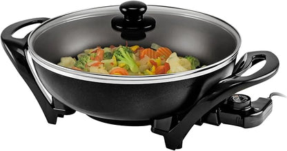 OVENTE Electric Wok with Nonstick Coating, 13 Inch Family-Sized Skillet, 1400W Power, Adjustable Temperature, Tempered Glass Lid, Cool Touch Handles and Easy to Clean Frying Surface, Black SK3113B by Ovente+