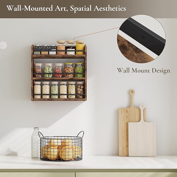 Spice Rack Wall Mounted, Wood 3 Tier Spice Rack for Countertop, Vertical Spice Organizer for Spice Jars and Seasonings, Hanging Spice Shelf for Kitchen Cabinet, or Pantry, Rustic Brown - Image 2