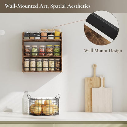 Spice Rack Wall Mounted, Wood 3 Tier Spice Rack for Countertop, Vertical Spice Organizer for Spice Jars and Seasonings, Hanging Spice Shelf for Kitchen Cabinet, or Pantry, Rustic Brown - Image 2