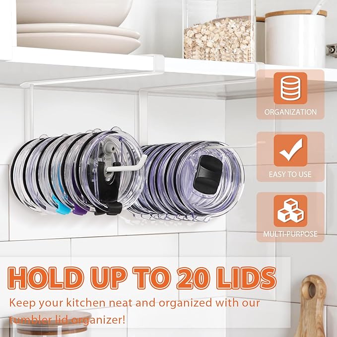 2 Pack Tumbler Lid Organizer, Horizontal Tumbler Lid Storage Hook Up to 20 Lids, Space Saving Cup Lid Holder Under Cabinet Tumbler Lid Hook for Kitchen Organizer, Paper Towel Hanger(Round&Flat, White) - Image 2