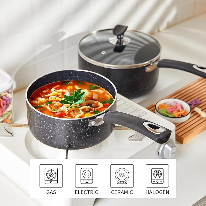 Nonstick Saucepan Set - 3-Pieces Pot Set 1 Quart & 2 Quart & 3 Quart,Ultra Non Stick Sauce Pan Small Pot with Glass Lid,Great for Home Kitchen Restaurant,Black - Image 2