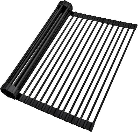 Ohuhu Over The Sink Dish Drainer Drying Rack, 17.6" W x 15.4" L Roll Up Dish Racks Kitchen Sink Organizer Silicone Wrapped Large in Sink Dish Drying Rack Foldable Rolling Drain Mats Anti-Slip by Ohuhu