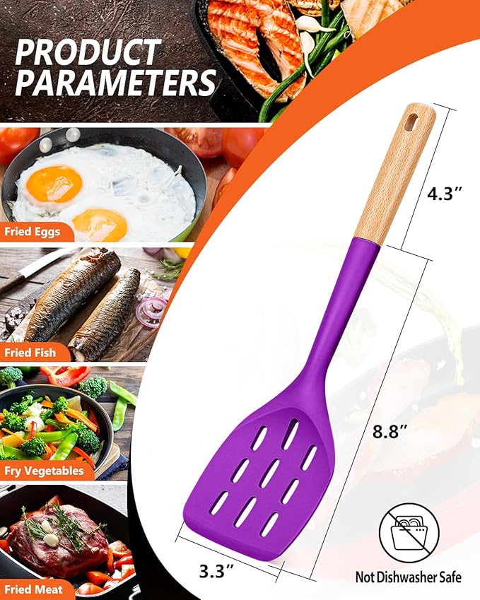 Pack of 2 Silicone Spatula, Non Stick Cooking Utensil Set, Wooden Handle Kitchen Turner for Baking Mixing Grilling Serving Food Heat Resistant (BERRY) - Image 2