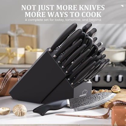 Amorston 22 Pieces Knife Set, Laser Engraved High Carbon Stainless Steel Knife Block Set, Full Tang Professional Kitchen Knife Set with Built-in Sharpener, Mothers Day Gifts for Kitchen - Image 9