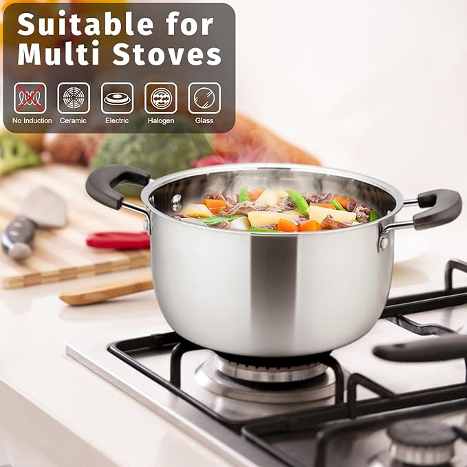 P&P CHEF 4 Qt Stockpot with Lid, Stainless Steel Cooking Stock Pot for Soup, Heat-Proof Double Handles with Visible Lid, Dishwasher Safe & Healthy, 1-Ply Metal