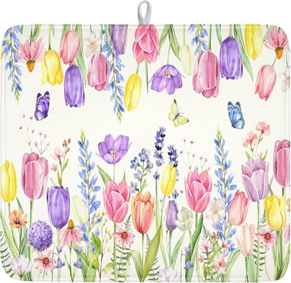 Spring Floral Dish Drying Mat for Kitchen Counter Easter Tulip Lavender Flower Microfiber Dish Drainer Mat Rustic Farmhouse Absorbent Washable Drying Pad 16"x18"
