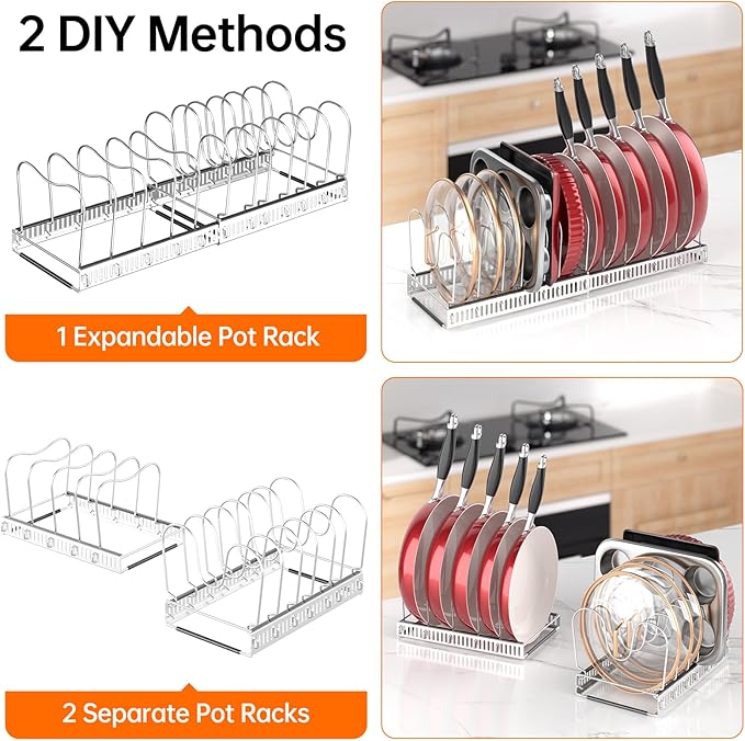 MUDEELA Pot Rack - Expandable Pots and Pans Organizer under Cabinet, Pot Lid Organizer Holder with 12 Adjustable Compartment, Kitchen Cabinet Organizer and Storage for Cutting Board, Skillets Pan - Image 6