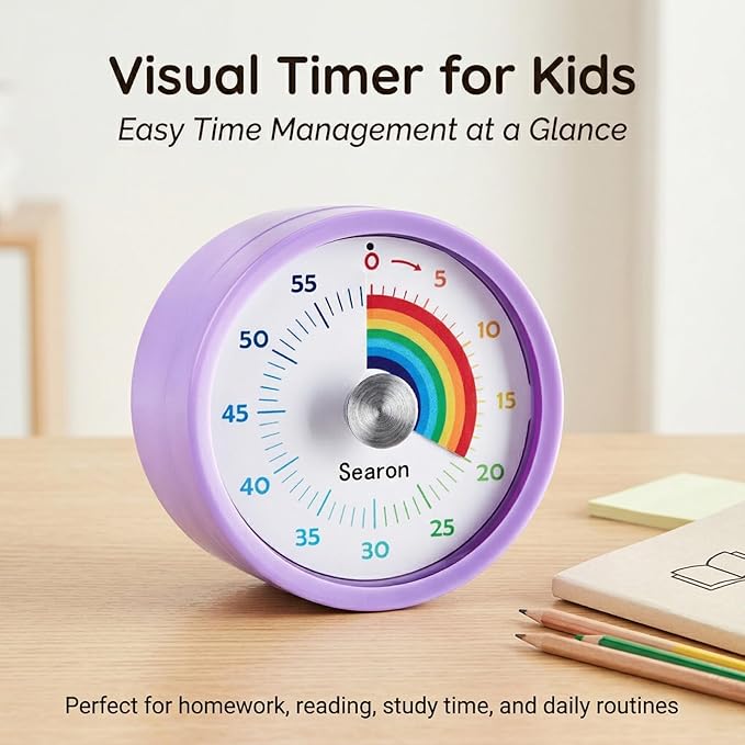 Searon Visual Timer for Kids with Magnet, Quiet 60 Minute Countdown Timer with Rainbow Disk, Sound or Silent LED Alert, for Homework, Reading, Study Time, Kitchen & Small Spaces (Purple)