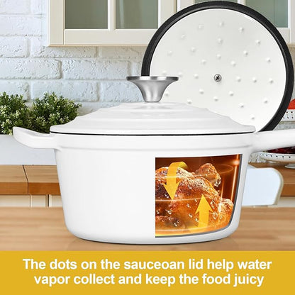 HaSteeL 2 QT Cast Iron Saucepan, Mini Enamel dutch oven with lid, Small Non Stick Pan for Milk, Pasta Tomato Sauce, Butter, Breakfast, Soup, Suitable for Boiling Stewing Frying, Easy to Clean, White