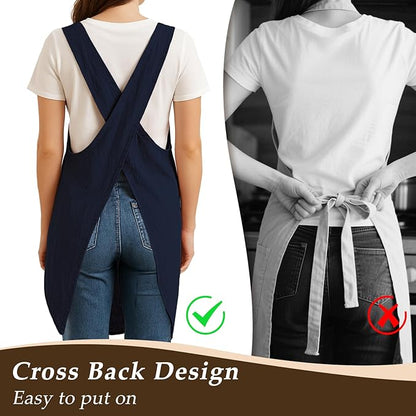 Apron for Women with Pocket Cotton Linen, Japanese Cross Back Apron for Gardening Painting
