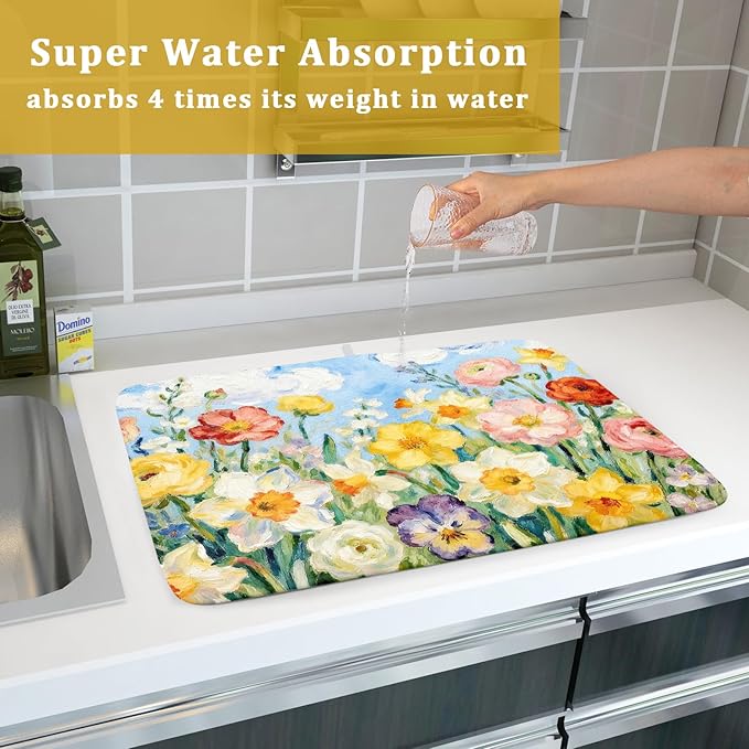 Spring Floral Dish Drying Mat for Kitchen Counter 18x24 Yellow Pink Narcissus Flower Seasonal Themed Summer Absorbent Reversible Microfiber Drying Mats Kitchen Countertop Protector Dishes Drainer Pad - Image 7