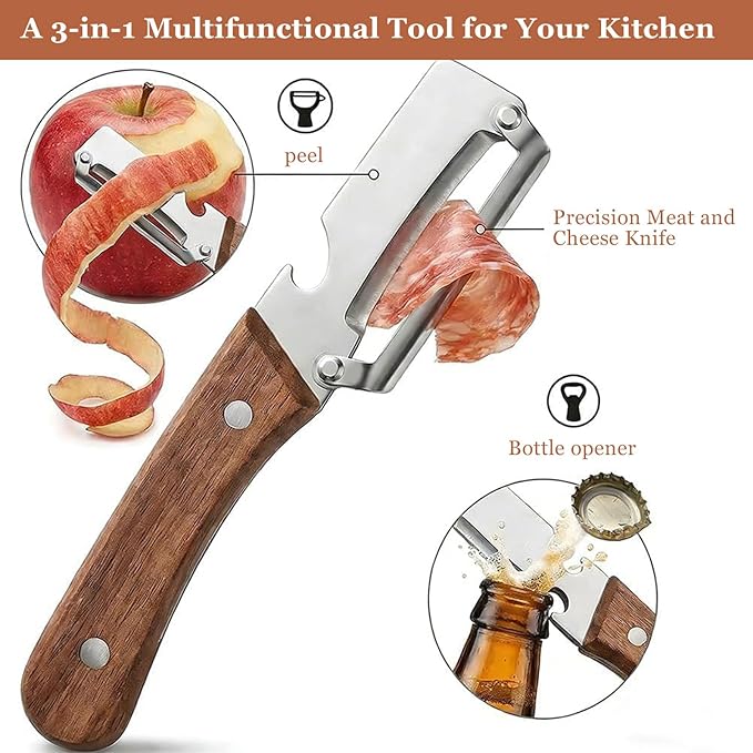 2 Pack 2 in 1 Multifunctional Vegetable Peeler, Sharp Stainless Steel Blade, Wooden Handle & Bottle Opener, Non-Slip Ergonomic Tool for Potato, Apple, Carrot, Pumpkin, Pineapple, Papaya, Zucchini - Image 5