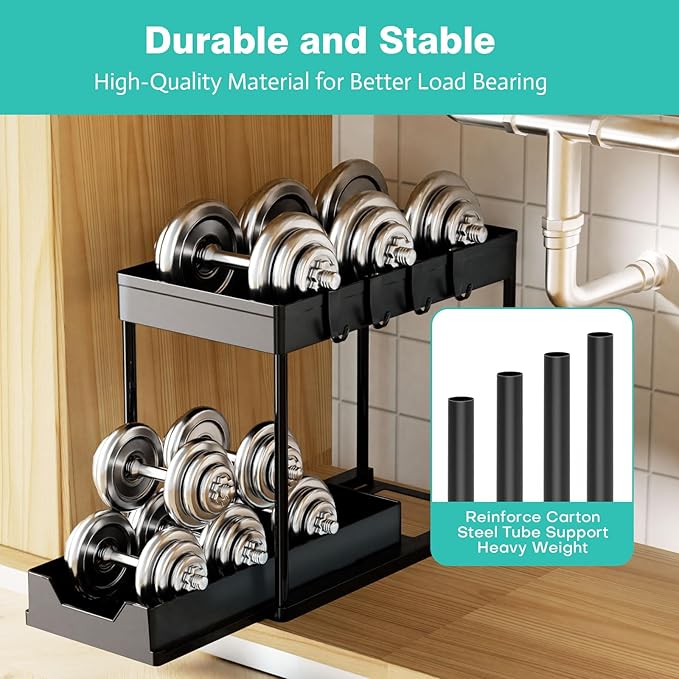Under Sink Organizers 2 Pack, Pull-Out Sliding Cabinet Organizer with 2-Tier Storage Shelf & 4 Hooks, Multi-Purpose for Kitchen & Bathroom (13 Inch, Black) - Image 4