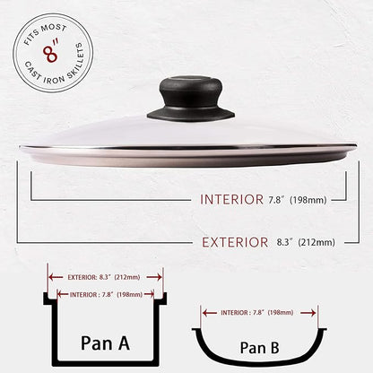 8 Inch Glass Lid for Frying Pan Lid, Fry Pan Lid, Skillet Lid, Pan Lid with Handle Compatible with Lodge 8 Inch Cast Iron Skillet - Glass Cover, 8", Clear
