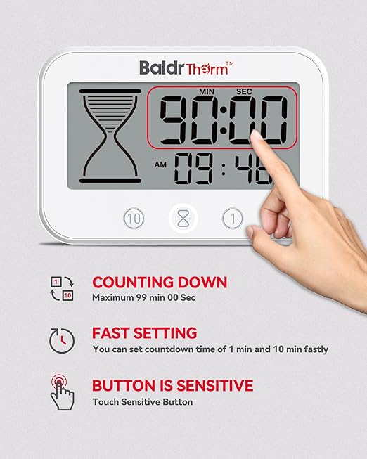 Baldrtherm Digital Timer, Works as a Countdown Timer, Real-time Clock, Hygrometer Thermometer. IP67 Waterproof Safe for Kitchen Bathroom Use. (White)