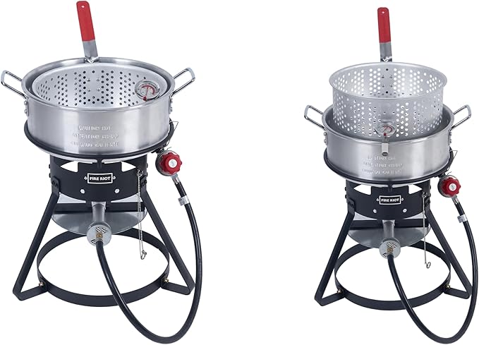 Fire Riot 10QT Outdoor Fish Fryer Kit – Heavy-Duty Aluminum Pot, 6.7QT Basket, Propane Deep Fryer with 0-10 PSI Regulator & Steel Frame – Ideal for Seafood & More