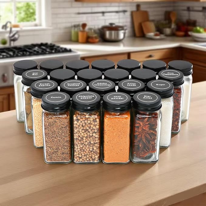 Maredash 24pcs Spice Jars with180 Labels,Glass Spice Jars, Seasoning Containers,Seasoning Organizer,Include black metal lid, pen, grinder, stainless steel funnel, two type inner plugs - Image 7