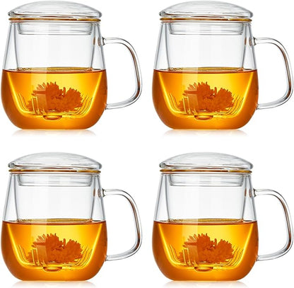 DOPUDO Glass Teacups 4 Pack Glass Tea Cup with Infuser and Lid, 17.6oz/520ml Large Borosilicate Teacup,Tea Clear Mug Cup for Loose Leaf Blooming Tea, Microwave & Dishwasher Safe. by DOPUDO