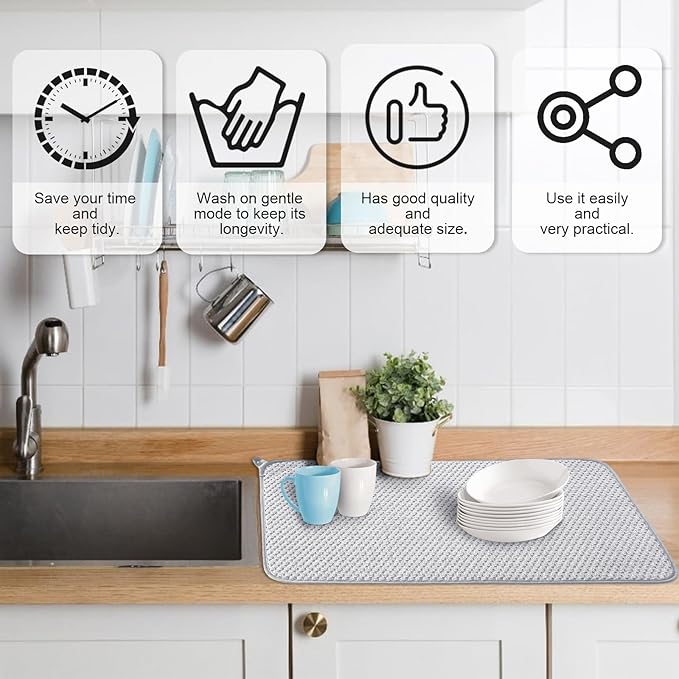 3 Pcs XXL Dish Drying Mat,Absorbent Microfiber Dishes Drainer Mats,Large Size 24×17" Pads for Kitchen Counter,Coffee,Rack,Under Sink,Light Gray - Image 3