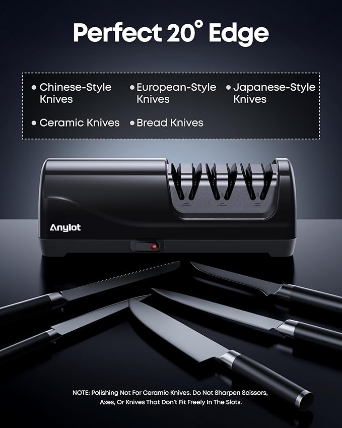 Electric Knife Sharpener for Kitchen, 3-Stage Knife Sharpener Electric with 100% Diamond Abrasives, 20° Precision Angle Guide, Fast & Safe Sharpening for Chef Knives, Home Use & Beginners (Black) - Image 6