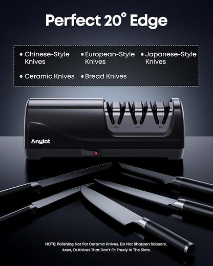 Electric Knife Sharpener for Kitchen, 3-Stage Knife Sharpener Electric with 100% Diamond Abrasives, 20° Precision Angle Guide, Fast & Safe Sharpening for Chef Knives, Home Use & Beginners (Black) - Image 6