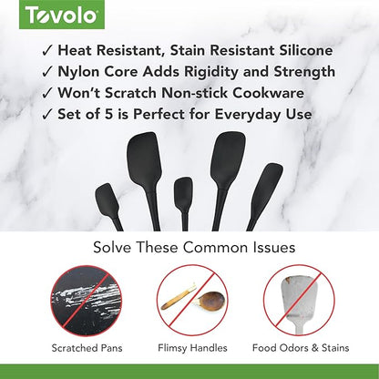 Tovolo Flex Core 5 Piece Silicone Spatula Set Heat Resistant All Silicone Utensils Include Non Stick Spatula Spoonula Jar Scraper, Dishwasher Safe BPA Free Spatulas for Baking Mixing, Black