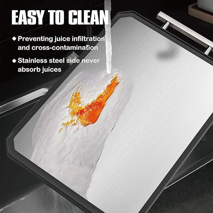 SNOWCLAD Stainless Steel Cutting Board,Double Sided Steel Cutting Board Set for kitchen,Stainless Steel/Wheat straw pp Large for meat,Dishwasher Safe [16 * 11+12 * 8.3 Inch] - Image 3