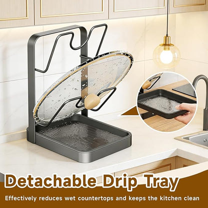 Kitchen Pot Lid Storage Rack, 2-Tier Lids Holder with Detachable Drip Tray While Cooking, Multifunctional Countertop Organizer for Cutting Boards, Ladles and Pan Covers - Image 7