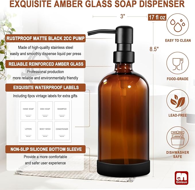 GMISUN Amber Glass Soap Dispenser with Silicone Sleeve Boot, 2 Pack Bathroom Hand Soap Dispensers with Pump, 17 Fl Oz Kitchen Hand and Dish Soap Dispenser Set, Liquid Soap Dispensers Bottle - Image 3