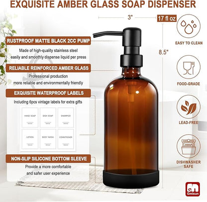 GMISUN Amber Glass Soap Dispenser with Silicone Sleeve Boot, 2 Pack Bathroom Hand Soap Dispensers with Pump, 17 Fl Oz Kitchen Hand and Dish Soap Dispenser Set, Liquid Soap Dispensers Bottle - Image 3