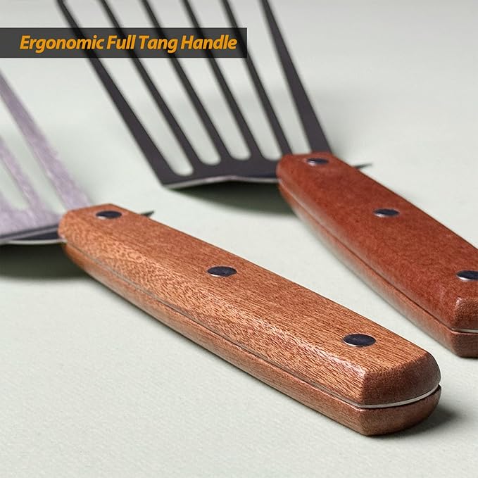 2 Pack Offset Fish Spatula Turner, Stainless Steel Slotted Spatulas for Flipping, Turning, Frying & Grilling, Offset Metal Slotted Spatulas, Wooden Full Tang Handle - Image 6