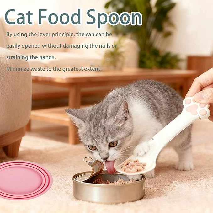 4pcs gray Pet Food Can Supplies Set，Silicone Cat Dog Food Can Lids Spoons with Multi-Function Cat Food Spoon and Opener Cute Paw Shape Opener Spatula Wet Food Spoon