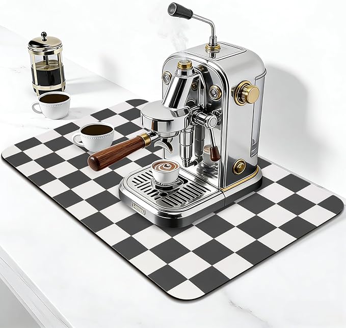 CooRug Checkered Dish Drying Mat for Kitchen Counter, Absorbent Non-Slip Coffee Mat, Heat Resistant Mat for Countertops Coffee Bar Decor 16" x 24" Black - Image 3