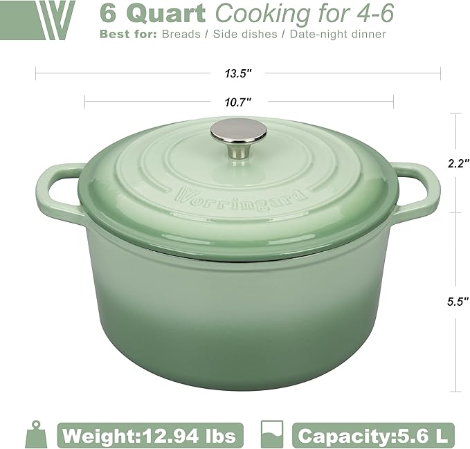 VORRINGARD Enameled Cast Iron Dutch Oven Pot with Lid, for Sourdough Bread Baking, Round Dutch Ovens, 6 Quart, Green - Image 2