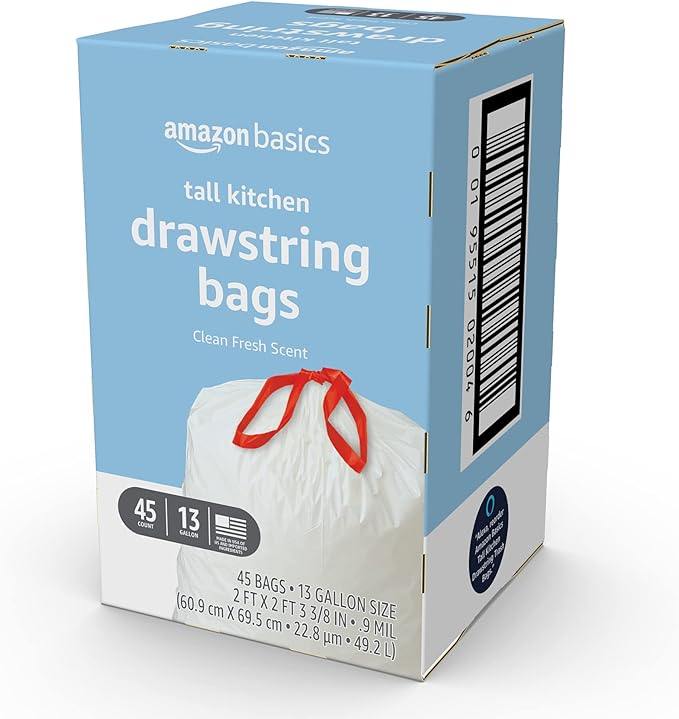 Amazon Basics Tall Kitchen Drawstring Trash Bags, Clean Fresh Scent, 13 Gallon, 45 Count (Previously Solimo) - Image 4