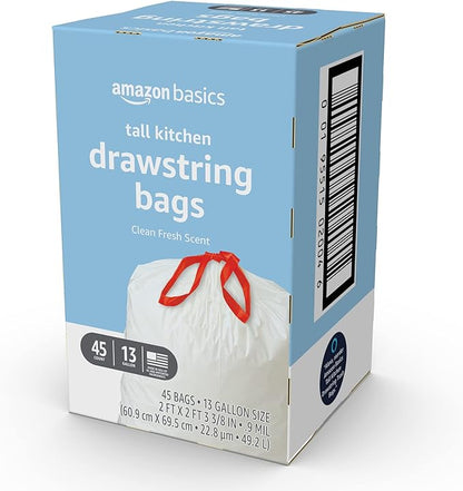 Amazon Basics Tall Kitchen Drawstring Trash Bags, Clean Fresh Scent, 13 Gallon, 45 Count (Previously Solimo) - Image 4