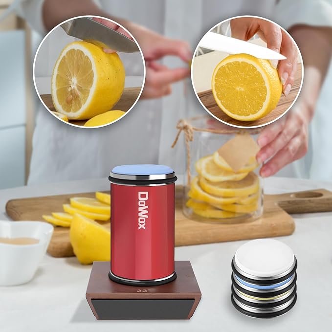 Knife Sharpener,Longer Rolling Knife Sharpener Kit,Diamond & Ceramic Knife Sharpening System with Leather Strop,4 Angle Guide, Replaceable Discs for All Kitchen Knives