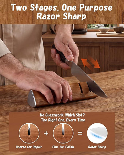 PAUDIN Walnut Knife Sharpener – 2-Stage Sharpening for Dull Knives, Safe for High-Carbon Steel Blades, Easy to Use – No Water, No Mess, One-Pull Sharpening, Kitchen Sharpener for Knives and Scissors