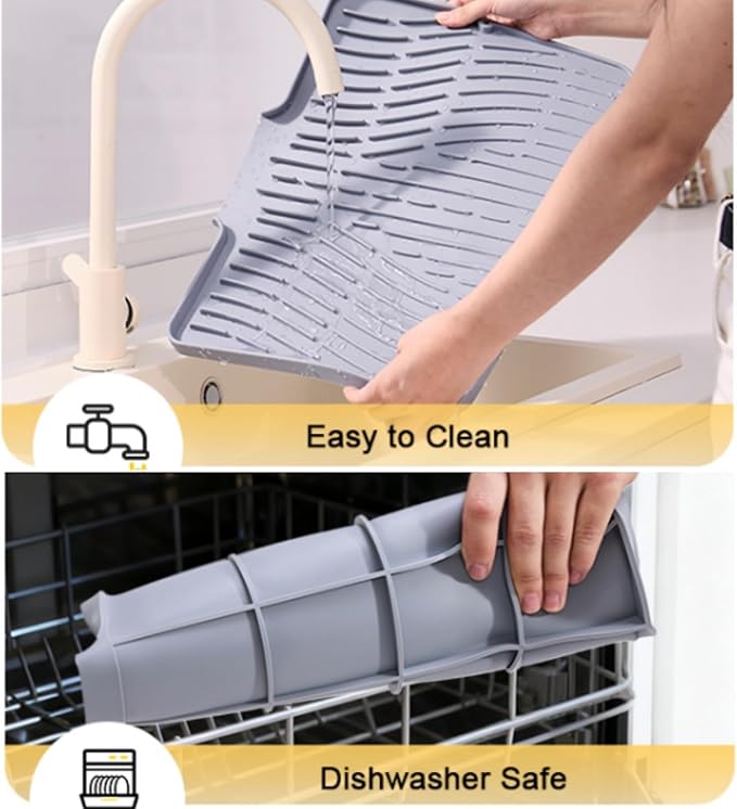 Silicone Dish Drying Mat for Kitchen Counter Sink,16"x13" Gray Rubber Dish Drying Mat with Drain Lip & Lanyard,Non-Slip dish drying Pad,silicone drying mat easy clean dish drain mat - Image 6