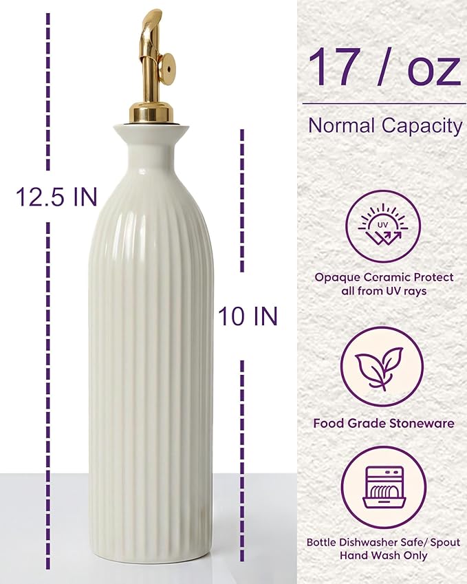 Ceramic Olive Oil Dispenser Bottle with Gold Gravity Spout - 17oz Stoneware Oil & Vinegar Cruet - Opaque UV Protection for Kitchen, Non-Drip Modern Farmhouse Decor - Reactive White