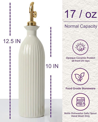 Ceramic Olive Oil Dispenser Bottle with Gold Gravity Spout - 17oz Stoneware Oil & Vinegar Cruet - Opaque UV Protection for Kitchen, Non-Drip Modern Farmhouse Decor - Reactive White